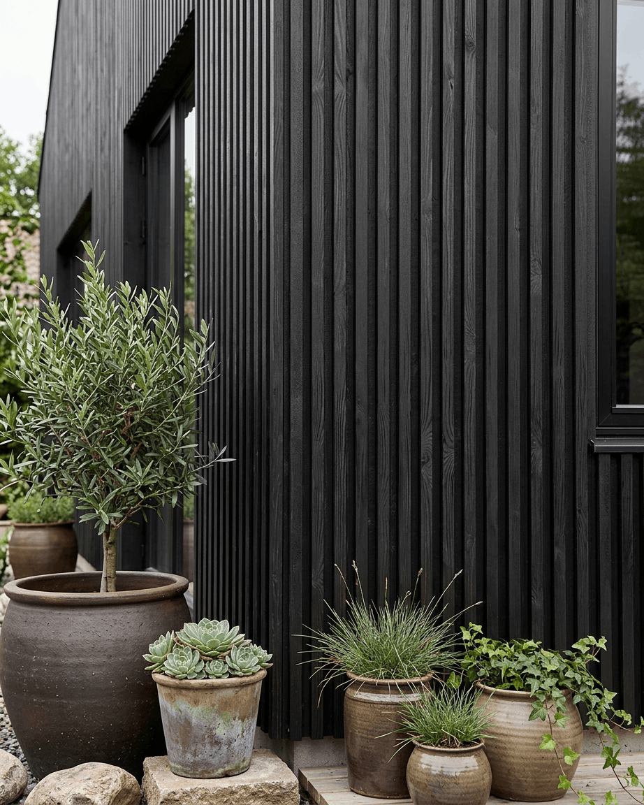 Oliventre i potte og sukkulenter ved siden av WoodUpp Aluwood utendørs fasadepanel i thermowood black, 240 x 45.1 cm, på en terrasse.